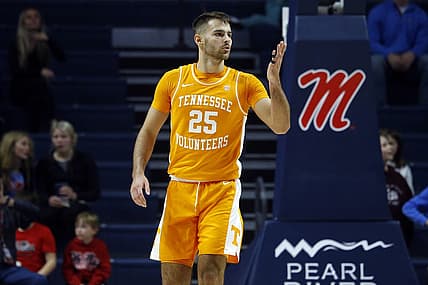 Dec 28, 2022; Oxford, Mississippi, USA; Tennessee Volunteers guard Santiago Vescovi (25) reacts by blowing a kiss toward the Mississippi Rebels student section during the second half at The Sandy and John Black Pavilion at Ole Miss. Mandatory Credit: Petre Thomas-USA TODAY Sports