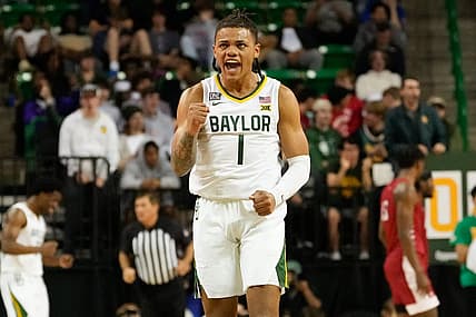 Dec 28, 2022; Waco, Texas, USA;  Baylor Bears guard Keyonte George (1) reacts after a play against the Nicholls State Colonels during the first half at Ferrell Center. Mandatory Credit: Chris Jones-USA TODAY Sports