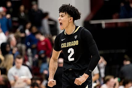 Dec 29, 2022; Stanford, California, USA; Colorado Buffaloes guard KJ Simpson (2) reacts after defeating the Stanford Cardinal at Maples Pavilion. Mandatory Credit: John Hefti-USA TODAY Sports
