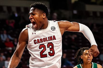 Dec 30, 2022; Columbia, South Carolina, USA; South Carolina Gamecocks forward Gregory Jackson II (23) reacts after dunking against the Eastern Michigan Eagles in the first half at Colonial Life Arena. Mandatory Credit: Jeff Blake-USA TODAY Sports