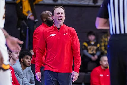 Dec 31, 2022; Laramie, Wyoming, USA; New Mexico Lobos head coach Richard Pitino reacts during the first half against the Wyoming Cowboys at Arena-Auditorium. Mandatory Credit: Troy Babbitt-USA TODAY Sports
