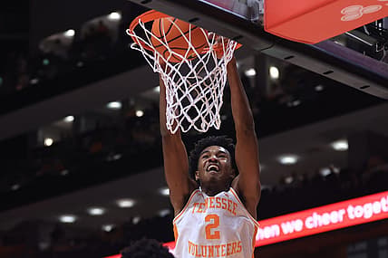 Jan 3, 2023; Knoxville, Tennessee, USA; Tennessee Volunteers forward Julian Phillips (2) dunks the ball against the Mississippi State Bulldogs during the first half at Thompson-Boling Arena. Mandatory Credit: Randy Sartin-USA TODAY Sports