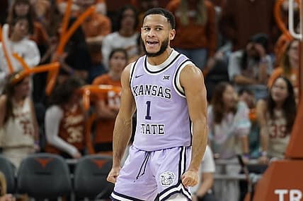 Jan 3, 2023; Austin, Texas, USA; Kansas State Wildcats guard Markquis Nowell (1) reacts after scoring a three point basket during the second half against the Texas Longhorns at Moody Center. Mandatory Credit: Scott Wachter-USA TODAY Sports