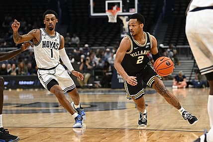 Jan 4, 2023; Washington, District of Columbia, USA; Villanova Wildcats guard Mark Armstrong (2) dribbles as Georgetown Hoyas guard Primo Spears (1) defends during the first half at Capital One Arena. Mandatory Credit: Brad Mills-USA TODAY Sports