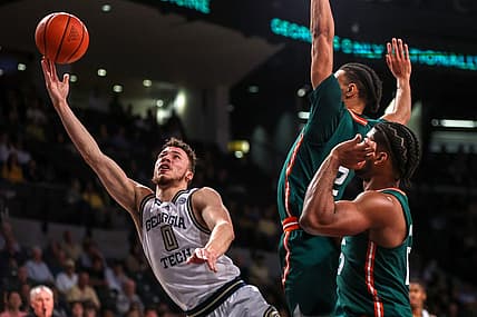 Jan 4, 2023; Atlanta, Georgia, USA; Georgia Tech Yellow Jackets guard Lance Terry (0) shoots against the Miami Hurricanes in the second half at McCamish Pavilion. Mandatory Credit: Brett Davis-USA TODAY Sports