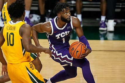 Jan 4, 2023; Waco, Texas, USA; TCU Horned Frogs guard Mike Miles Jr. (1) drives to the basket against Baylor Bears guard Adam Flagler (10) during the second half at Ferrell Center. Mandatory Credit: Chris Jones-USA TODAY Sports
