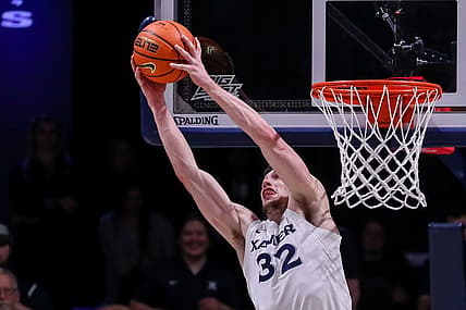 Dec 20, 2022; Cincinnati, Ohio, USA; Xavier Musketeers forward Zach Freemantle (32) grabs the rebound against the Seton Hall Pirates in the first half at Cintas Center. Mandatory Credit: Katie Stratman-USA TODAY Sports