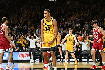 Jan 5, 2023; Iowa City, Iowa, USA; Iowa Hawkeyes forward Kris Murray (24) reacts during the second half against the Indiana Hoosiers at Carver-Hawkeye Arena. Mandatory Credit: Jeffrey Becker-USA TODAY Sports