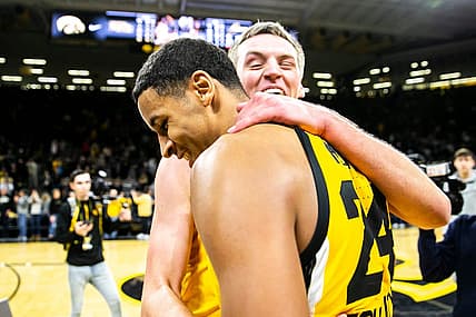 Iowa forward Payton Sandfort, right, embraces teammate Kris Murray after a NCAA Big Ten Conference men's basketball game against Indiana, Thursday, Jan. 5, 2023, at Carver-Hawkeye Arena in Iowa City, Iowa.

230105 Indiana Iowa Mbb 043 Jpg