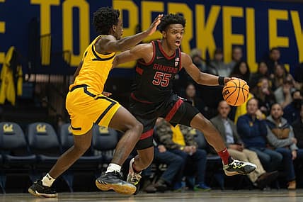 Jan 6, 2023; Berkeley, California, USA;  Stanford Cardinal forward Harrison Ingram (55) drives the ball during the first half against California Golden Bears guard Marsalis Roberson (0) at Haas Pavilion. Mandatory Credit: Stan Szeto-USA TODAY Sports
