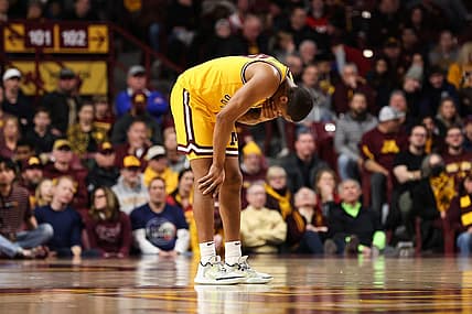 Jan 7, 2023; Minneapolis, Minnesota, USA; Minnesota Golden Gophers guard Ta'lon Cooper (55) reacts during overtime against the Nebraska Cornhuskers at Williams Arena. Mandatory Credit: Matt Krohn-USA TODAY Sports