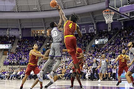 Jan 7, 2023; Fort Worth, Texas, USA; Iowa State Cyclones guard Demarion Watson (4) blocks a shot by TCU Horned Frogs guard Damion Baugh (10) during the first half at Ed and Rae Schollmaier Arena. Mandatory Credit: Andrew Dieb-USA TODAY Sports