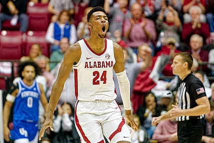 Jan 7, 2023; Tuscaloosa, Alabama, USA; Alabama Crimson Tide forward Brandon Miller (24) reacts a after a play against the Kentucky Wildcats during first half at Coleman Coliseum. Mandatory Credit: Marvin Gentry-USA TODAY Sports