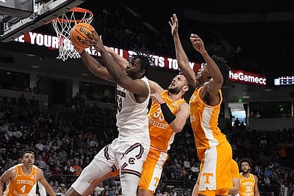 Jan 7, 2023; Columbia, South Carolina, USA; South Carolina Gamecocks forward Josh Gray (33) tries to hang onto the rebound pressured by Tennessee Volunteers forward Uros Plavsic (33) during the first half at Colonial Life Arena. Mandatory Credit: Jim Dedmon-USA TODAY Sports