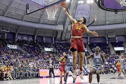 Jan 7, 2023; Fort Worth, Texas, USA;  Iowa State Cyclones guard Gabe Kalscheur (22) lays the ball in during the second half against the TCU Horned Frogs at Ed and Rae Schollmaier Arena. Mandatory Credit: Andrew Dieb-USA TODAY Sports