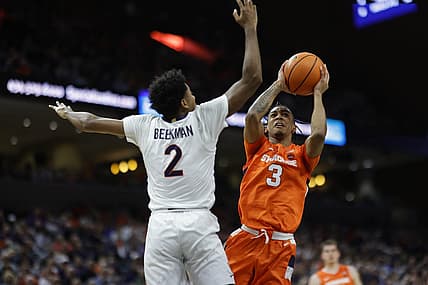 Jan 7, 2023; Charlottesville, Virginia, USA;  Syracuse Orange guard Judah Mintz (3) shoots the ball as Virginia Cavaliers guard Reece Beekman (2) defends in the first halfat John Paul Jones Arena. Mandatory Credit: Geoff Burke-USA TODAY Sports