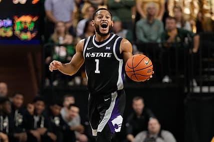 Jan 7, 2023; Waco, Texas, USA; Kansas State Wildcats guard Markquis Nowell (1) calls a play against the Baylor Bears during the first half at Ferrell Center. Mandatory Credit: Chris Jones-USA TODAY Sports