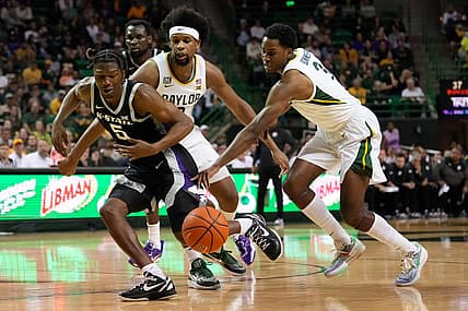 Jan 7, 2023; Waco, Texas, USA; Baylor Bears guard Dale Bonner (3) steals the ball from Kansas State Wildcats guard Cam Carter (5) during the first half at Ferrell Center. Mandatory Credit: Chris Jones-USA TODAY Sports