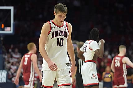 Jan 7, 2023; Tucson, Arizona, USA; Arizona Wildcats forward Azuolas Tubelis (10) leaves the court after being defeated by the Washington State Cougars at McKale Center. Mandatory Credit: Joe Camporeale-USA TODAY Sports