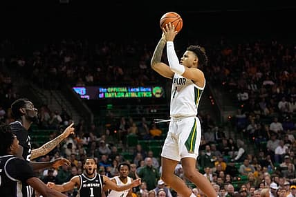 Jan 7, 2023; Waco, Texas, USA; Baylor Bears guard Keyonte George (1) scores a basket against the Kansas State Wildcats during the second half at Ferrell Center. Mandatory Credit: Chris Jones-USA TODAY Sports