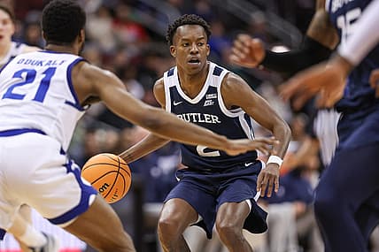 Jan 7, 2023; Newark, New Jersey, USA; Butler Bulldogs guard Eric Hunter Jr. (2) dribbles against Seton Hall Pirates guard Femi Odukale (21) during the first half at Prudential Center. Mandatory Credit: Vincent Carchietta-USA TODAY Sports