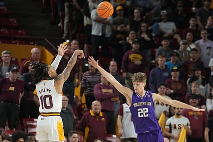 Jan 8, 2023; Tempe, Arizona, USA; Arizona State Sun Devils guard Frankie Collins (10) shoots against Washington Huskies guard Cole Bajema (22) during the first half at Desert Financial Arena. Mandatory Credit: Joe Camporeale-USA TODAY Sports