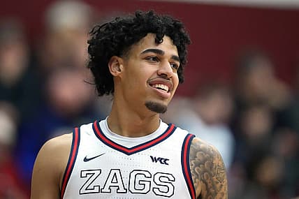 Jan 7, 2023; Santa Clara, California, USA; Gonzaga Bulldogs guard Julian Strawther (0) warms up before the game against the Santa Clara Broncos at Leavey Center. Mandatory Credit: Darren Yamashita-USA TODAY Sports