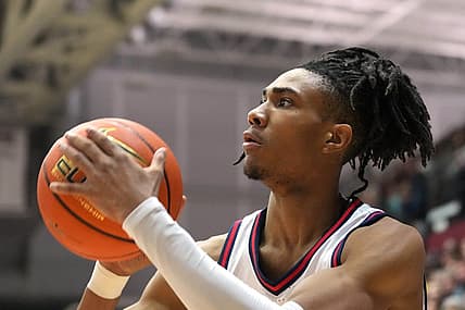 Jan 7, 2023; Santa Clara, California, USA; Gonzaga Bulldogs guard Hunter Sallis (5) shoots against the Santa Clara Broncos during the first half at Leavey Center. Mandatory Credit: Darren Yamashita-USA TODAY Sports