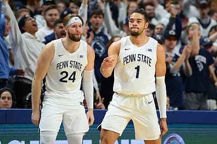 Jan 11, 2023; University Park, Pennsylvania, USA; Penn State Nittany Lions guard Seth Lundy (1) reacts to a play as forward Michael Henn (24) looks on against the Indiana Hoosiers during the first half at the Bryce Jordan Center. Mandatory Credit: Rich Barnes-USA TODAY Sports