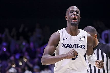 Jan 11, 2023; Cincinnati, Ohio, USA; Xavier Musketeers guard Souley Boum (0) celebrates the victory over the Creighton Bluejays at Cintas Center. Mandatory Credit: Katie Stratman-USA TODAY Sports