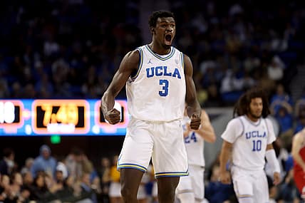 Jan 12, 2023; Los Angeles, California, USA;  UCLA Bruins forward Adem Bona (3) reacts after a dunk during the first half against the Utah Utes at Pauley Pavilion presented by Wescom. Mandatory Credit: Kiyoshi Mio-USA TODAY Sports