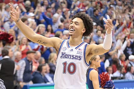 Kansas redshirt junior forward Jalen Wilson (10) celebrates their 62-60 win over Iowa State Saturday inside Allen Fieldhouse.