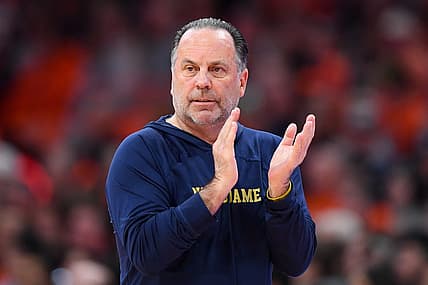 Jan 14, 2023; Syracuse, New York, USA; Notre Dame Fighting Irish head coach Mike Brey reacts to a play against the Syracuse Orange during the first half at the JMA Wireless Dome. Mandatory Credit: Rich Barnes-USA TODAY Sports