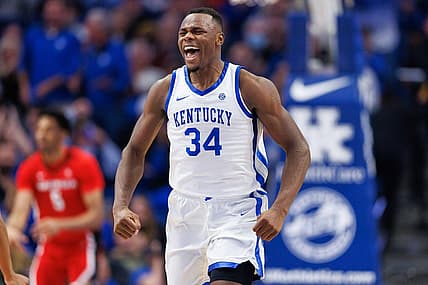 Jan 17, 2023; Lexington, Kentucky, USA; Kentucky Wildcats forward Oscar Tshiebwe (34) celebrates during the first half against the Georgia Bulldogs at Rupp Arena at Central Bank Center. Mandatory Credit: Jordan Prather-USA TODAY Sports