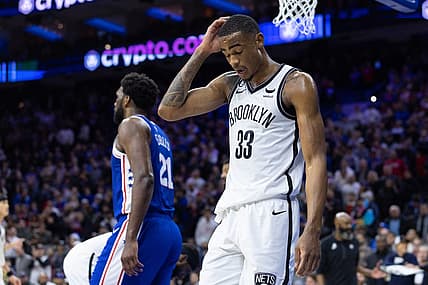 Jan 25, 2023; Philadelphia, Pennsylvania, USA; Brooklyn Nets center Nic Claxton (33) reacts after a Philadelphia 76ers score during the fourth quarter at Wells Fargo Center. Mandatory Credit: Bill Streicher-USA TODAY Sports