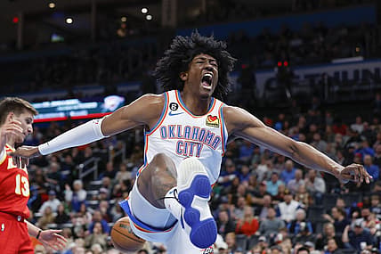 Jan 25, 2023; Oklahoma City, Oklahoma, USA; Oklahoma City Thunder forward Jalen Williams (8) celebrates after dunking against the Atlanta Hawks during the second half at Paycom Center. Mandatory Credit: Alonzo Adams-USA TODAY Sports