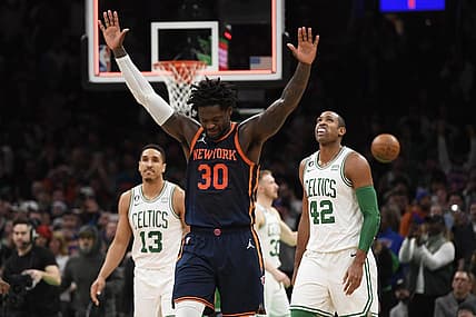 Jan 26, 2023; Boston, Massachusetts, USA;  New York Knicks forward Julius Randle (30) reacts after defeating the Boston Celtics at TD Garden. Mandatory Credit: Bob DeChiara-USA TODAY Sports