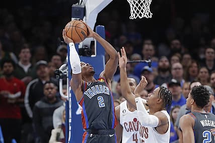 Jan 27, 2023; Oklahoma City, Oklahoma, USA; Oklahoma City Thunder guard Shai Gilgeous-Alexander (2) shoots against the Cleveland Cavaliers during the first quarter at Paycom Center. Mandatory Credit: Alonzo Adams-USA TODAY Sports