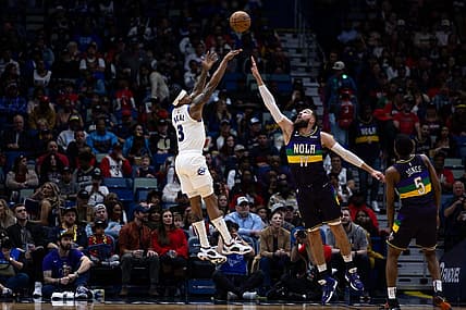 Jan 28, 2023; New Orleans, Louisiana, USA;  Washington Wizards guard Bradley Beal (3) shoots a jump shot over New Orleans Pelicans center Jonas Valanciunas (17) during the first half at Smoothie King Center. Mandatory Credit: Stephen Lew-USA TODAY Sports