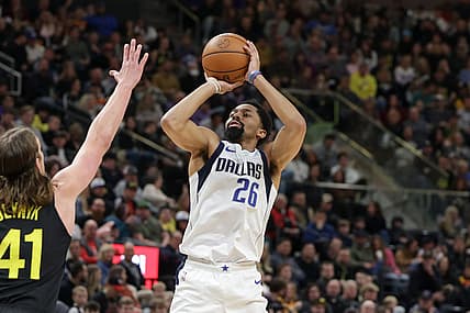 Jan 28, 2023; Salt Lake City, Utah, USA;  Dallas Mavericks guard Spencer Dinwiddie (26) shoots the ball during the second quarter against the Utah Jazz at Vivint Arena. Mandatory Credit: Chris Nicoll-USA TODAY Sports