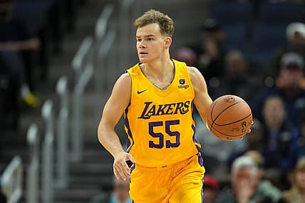 Jul 2, 2022; San Francisco, CA, USA; Los Angeles Lakers guard Mac McClung (55) dribbles against the Miami Heat during the fourth quarter at the California Summer League at Chase Center. Mandatory Credit: Darren Yamashita-USA TODAY Sports