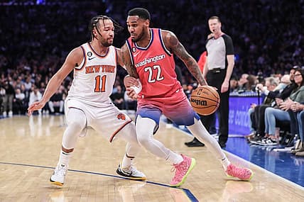 Jan 18, 2023; New York, New York, USA; Washington Wizards guard Monte Morris (22) looks to drive past New York Knicks guard Jalen Brunson (11) in the third quarter at Madison Square Garden. Mandatory Credit: Wendell Cruz-USA TODAY Sports