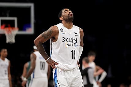 Jan 26, 2023; Brooklyn, New York, USA; Brooklyn Nets guard Kyrie Irving (11) reacts after during the fourth quarter against the Detroit Pistons at Barclays Center. Mandatory Credit: Brad Penner-USA TODAY Sports