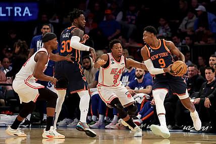 Feb 2, 2023; New York, New York, USA; New York Knicks guard RJ Barrett (9) controls the ball against Miami Heat guard Kyle Lowry (7) during the first quarter at Madison Square Garden. Mandatory Credit: Brad Penner-USA TODAY Sports