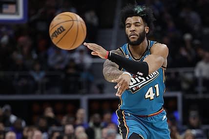 Feb 3, 2023; Detroit, Michigan, USA;  Detroit Pistons forward Saddiq Bey (41) passes in the second half against the Charlotte Hornets at Little Caesars Arena. Mandatory Credit: Rick Osentoski-USA TODAY Sports