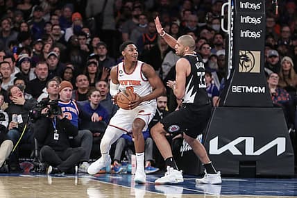 Feb 4, 2023; New York, New York, USA;  New York Knicks guard RJ Barrett (9) looks to post up against LA Clippers forward Nicolas Batum (33) in the third quarter at Madison Square Garden. Mandatory Credit: Wendell Cruz-USA TODAY Sports