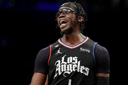 Feb 6, 2023; Brooklyn, New York, USA; Los Angeles Clippers guard Reggie Jackson (1) reacts during the fourth quarter against the Brooklyn Nets at Barclays Center. Mandatory Credit: Brad Penner-USA TODAY Sports