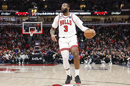 Feb 6, 2023; Chicago, Illinois, USA; Chicago Bulls center Andre Drummond (3) drives to the basket against the San Antonio Spurs during the first half at United Center. Mandatory Credit: Kamil Krzaczynski-USA TODAY Sports
