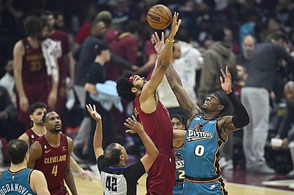 Feb 8, 2023; Cleveland, Ohio, USA; Cleveland Cavaliers center Jarrett Allen (31) and Detroit Pistons center Jalen Duren (0) jump for the ball in the first quarter at Rocket Mortgage FieldHouse. Mandatory Credit: David Richard-USA TODAY Sports