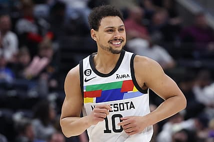 Feb 8, 2023; Salt Lake City, Utah, USA; Minnesota Timberwolves guard Bryn Forbes (10) reacts to making a three point shot against the Utah Jazz in the fourth quarter at Vivint Arena. Mandatory Credit: Rob Gray-USA TODAY Sports